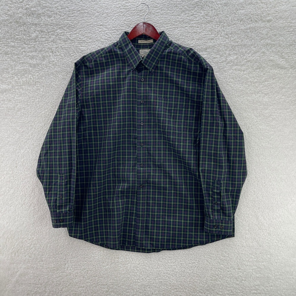 LL Bean Shirt Mens 2XL Blue Pinpoint Oxford OCBD Plaid Preppy Office Casual